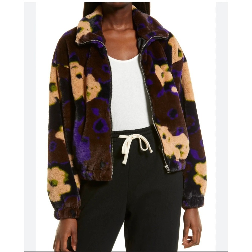 Nordstrom BP Crop Faux Fur Floral Women's‎ Fuzzy Jacket Size Small Y2K Cozy